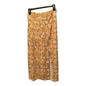 Open Edit Pleated Midi Skirt in Orange Multi Meadow Floral XS NWT